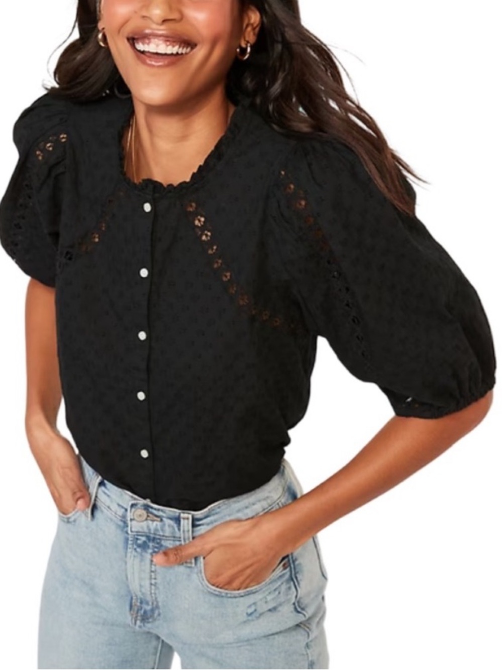 Old Navy Puff-Sleeve Lace-Trim Clip-Dot Blouse NWT - Large